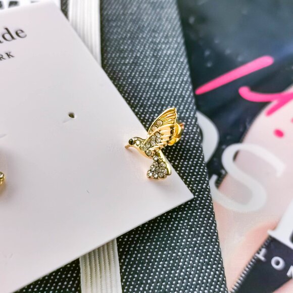 New Kate Spade Grandma's Closet Hummingbird Stud Earrings Gold - Picture 3 of 3